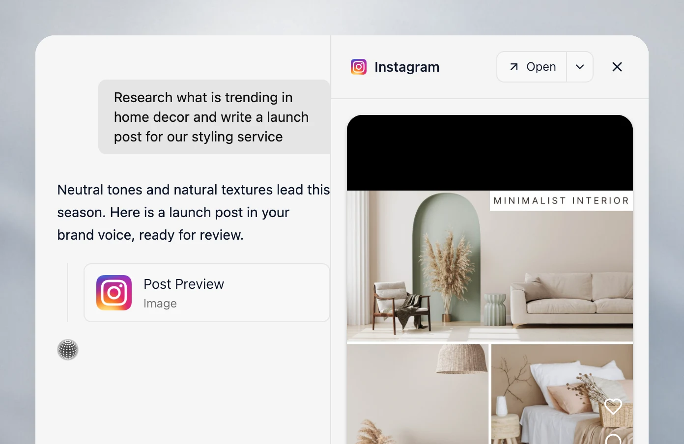 Velocity chat researching home decor trends and drafting an interior styling post, with the Instagram preview open beside it