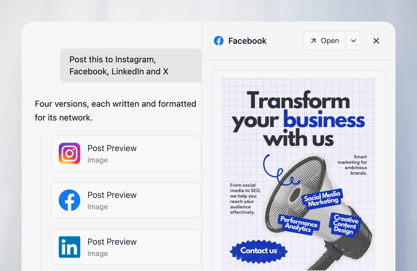 Velocity chat with Instagram, Facebook and LinkedIn post previews and the Facebook post open beside it
