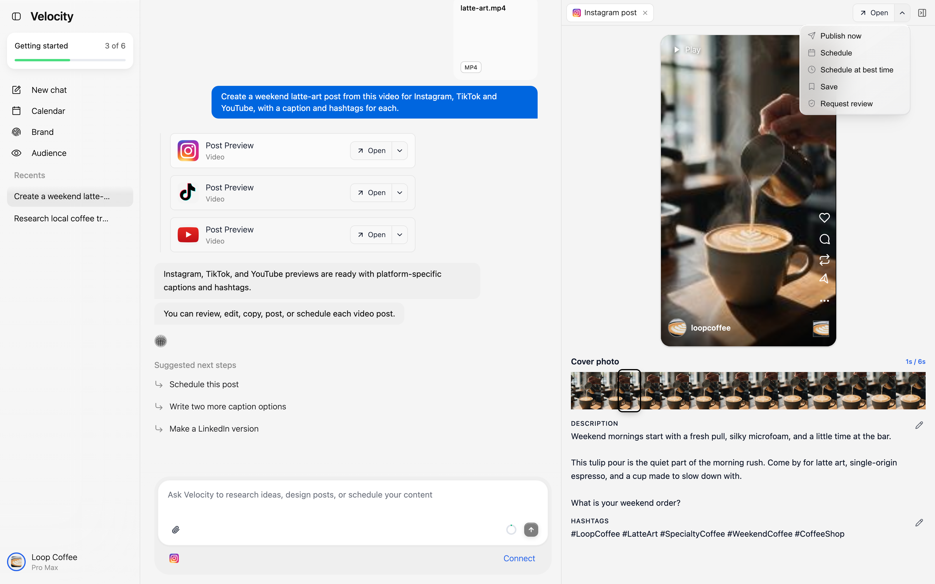 Velocity Instagram post preview with the action menu showing Publish now, Schedule, Schedule at best time, Save, and Request review.