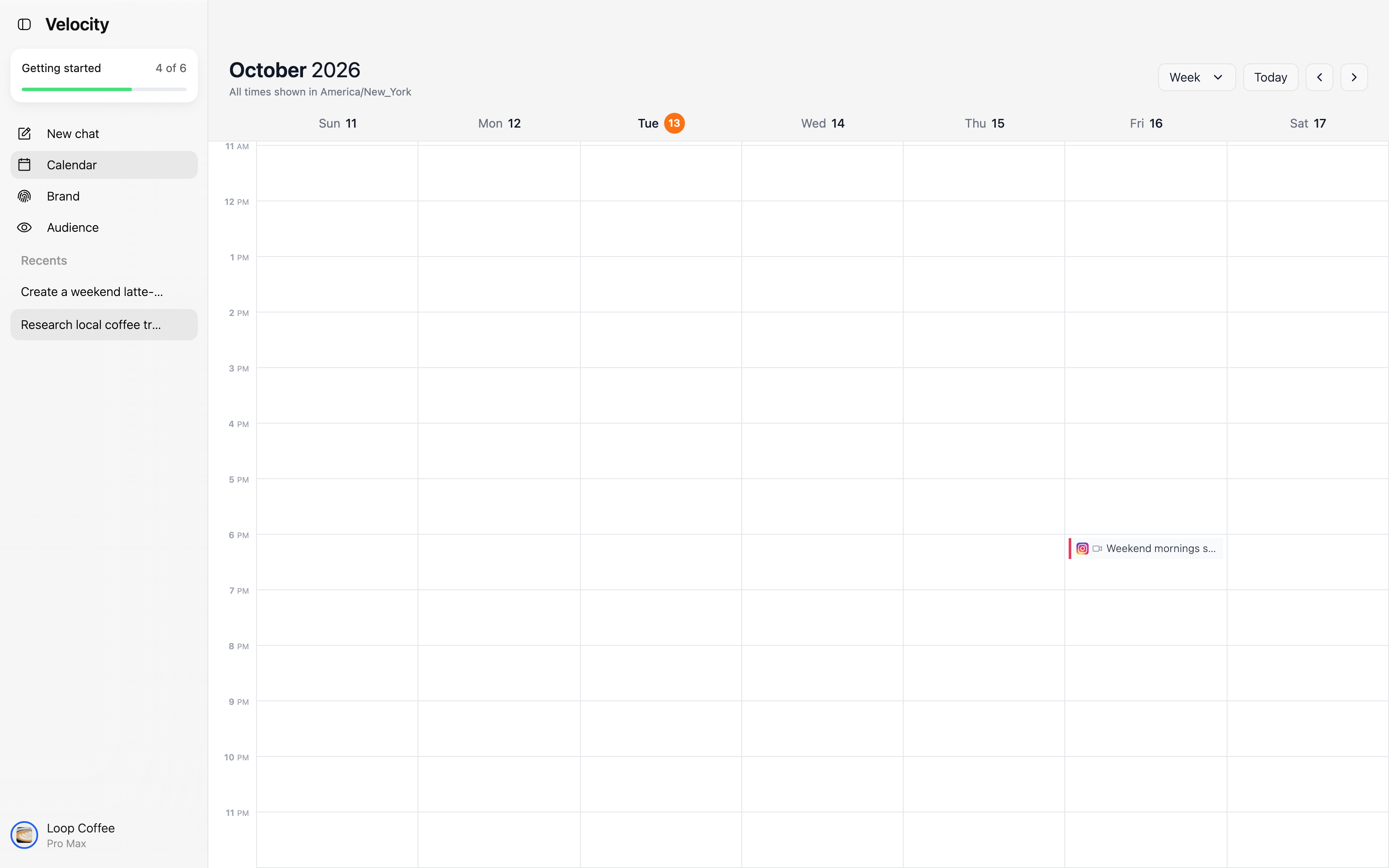 Velocity weekly calendar in America New York time showing the scheduled Instagram video on Friday, October 16 at 6 PM.