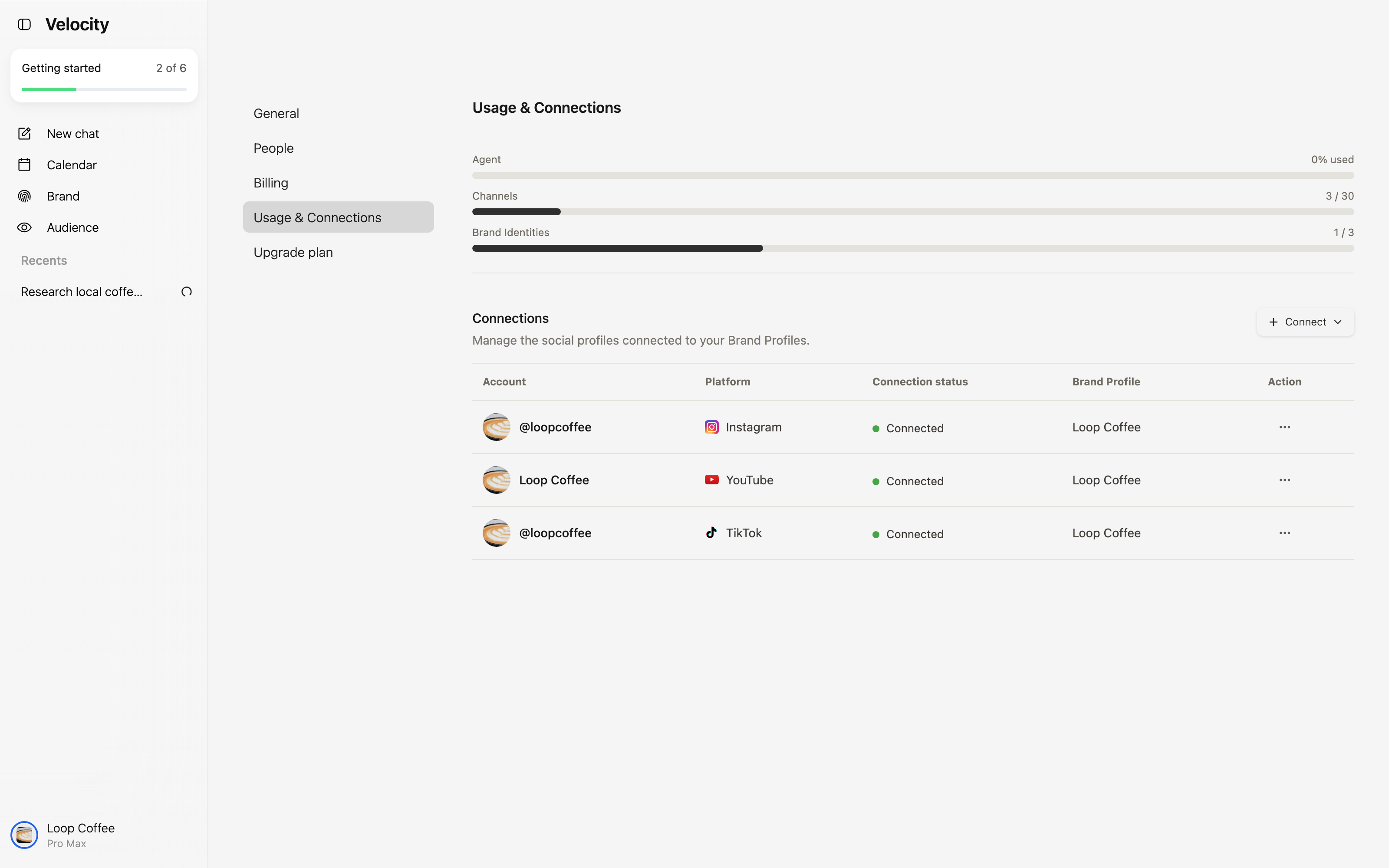 Velocity Usage and Connections screen showing connected Instagram, YouTube, and TikTok accounts assigned to the Loop Coffee Brand Profile.