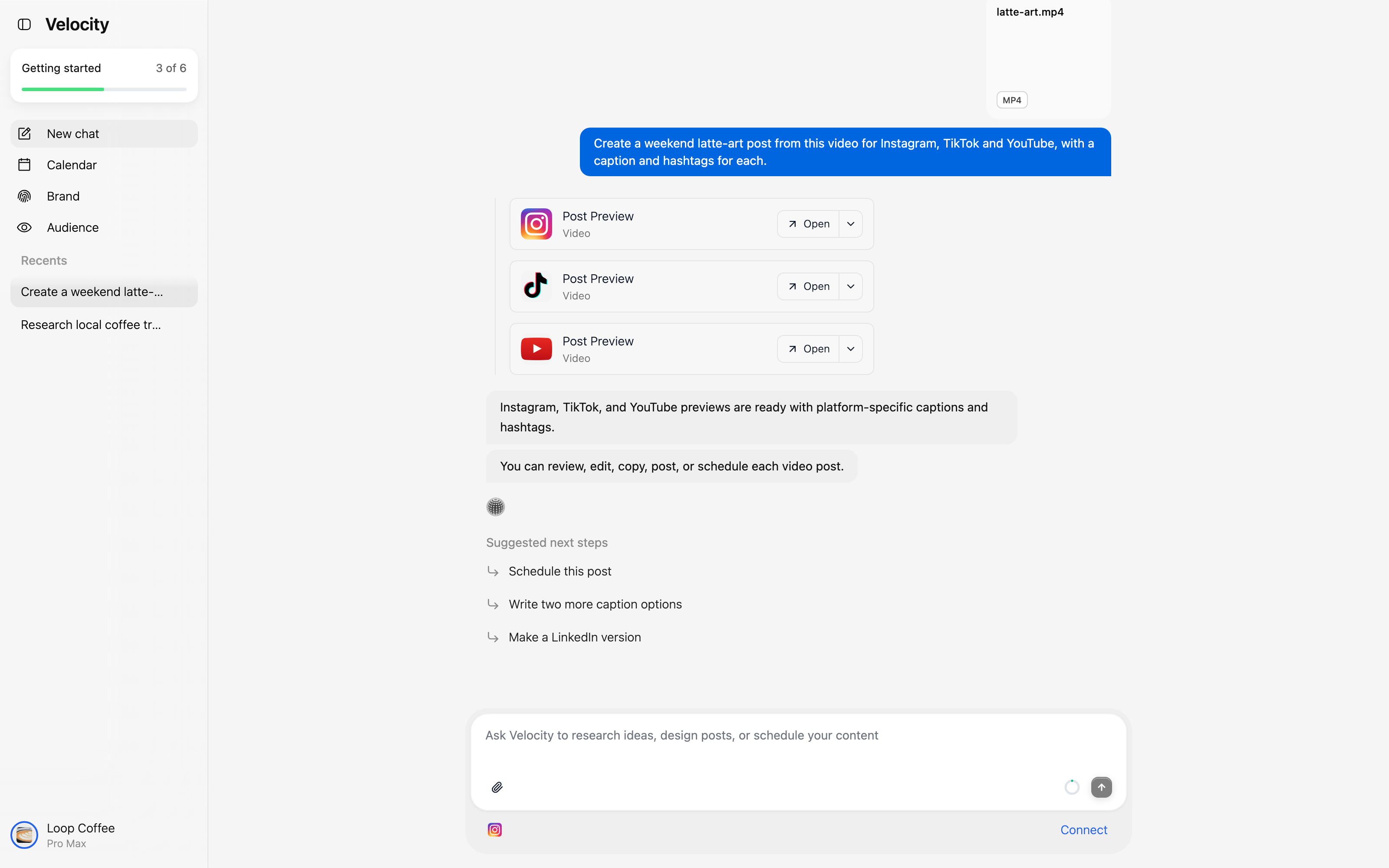 Velocity video-draft response showing separate Instagram, TikTok, and YouTube post preview cards for the uploaded latte-art.mp4 video.