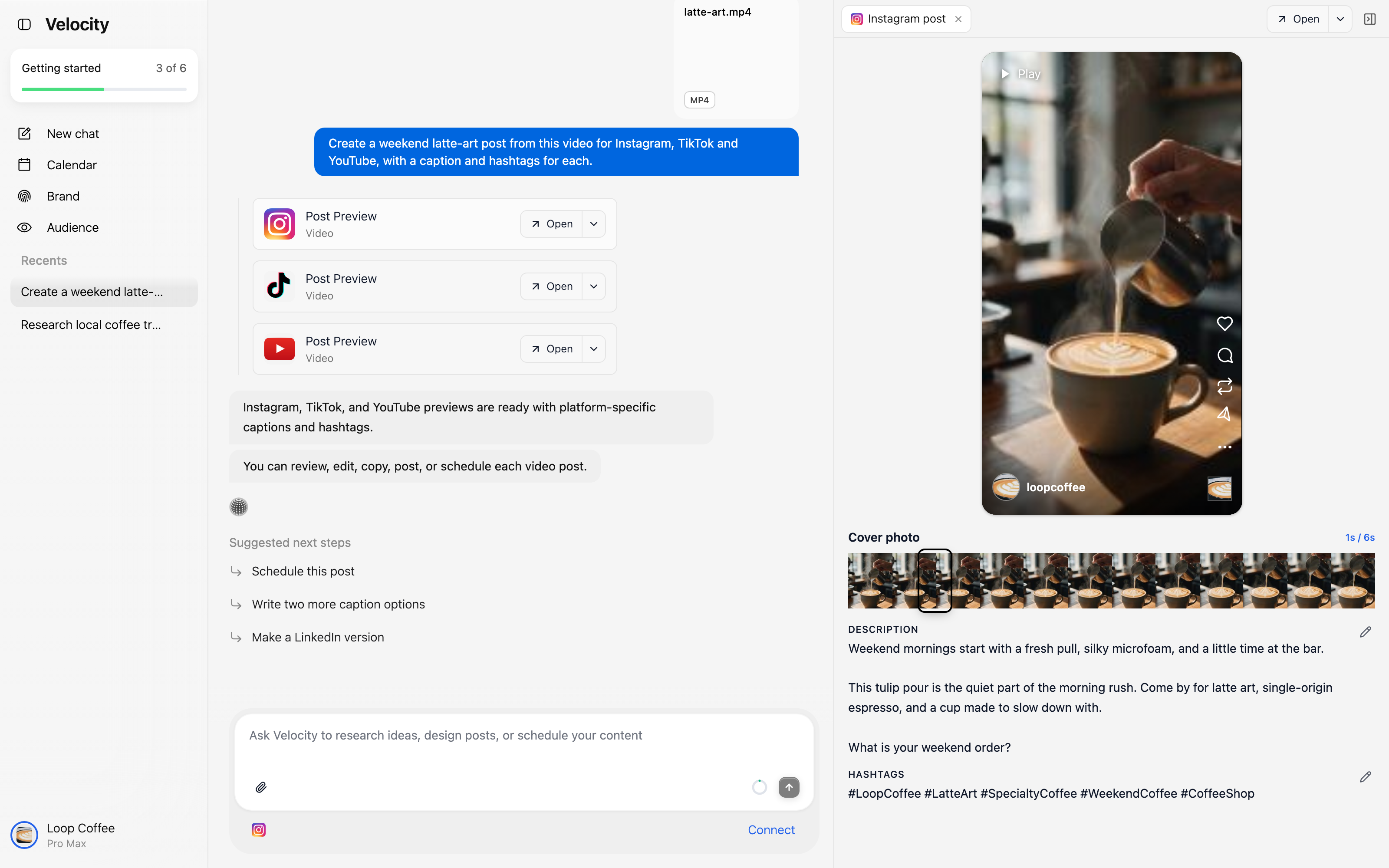 Velocity Instagram video preview showing the latte-art video, selected cover frame, description, and hashtags.