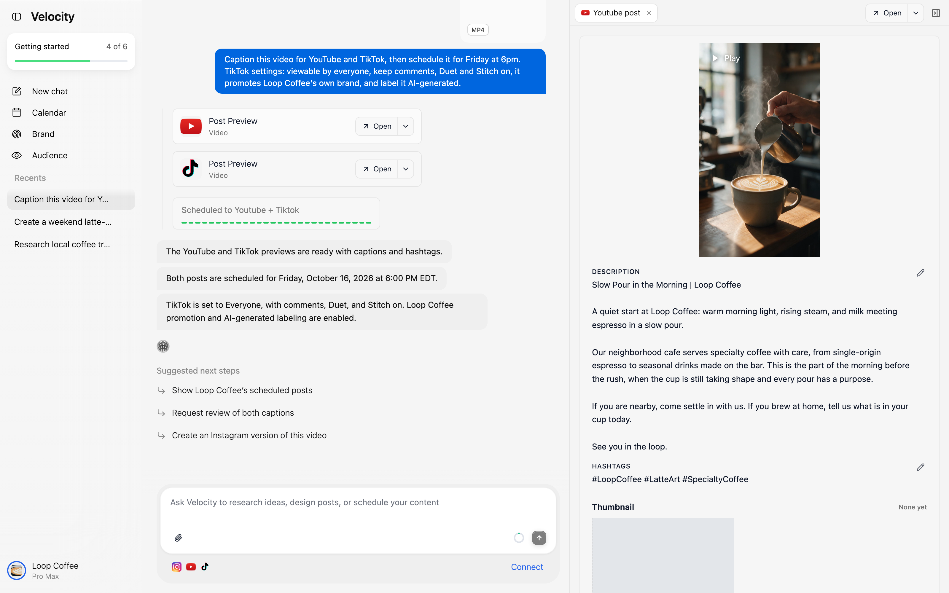 Velocity YouTube video preview showing the latte-art video, title, description, hashtags, and an empty thumbnail area.