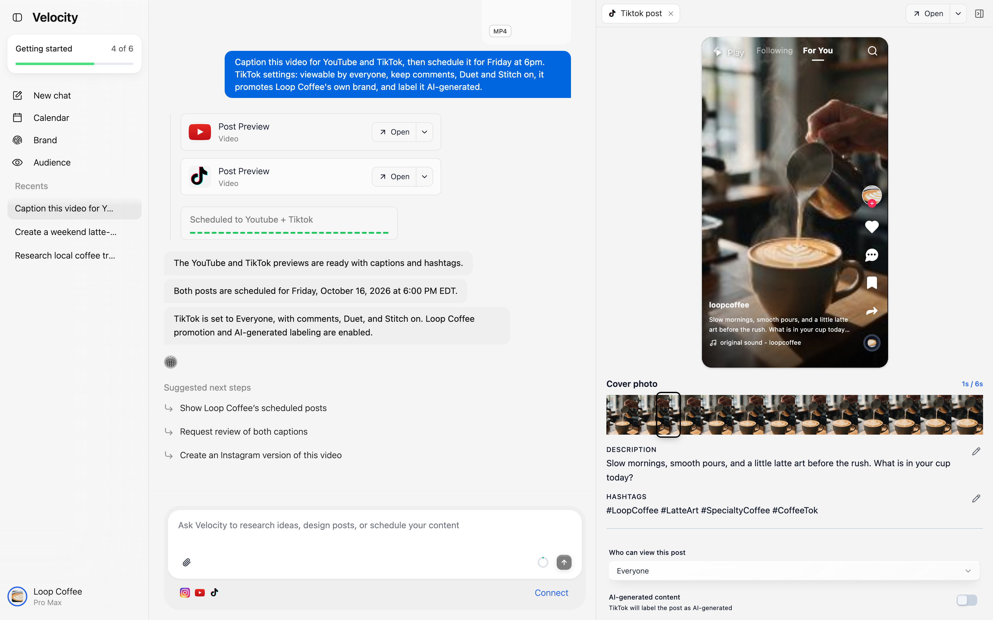 Velocity TikTok video preview showing the latte-art video, caption, hashtags, audience set to Everyone, and the displayed AI-generated-content control.