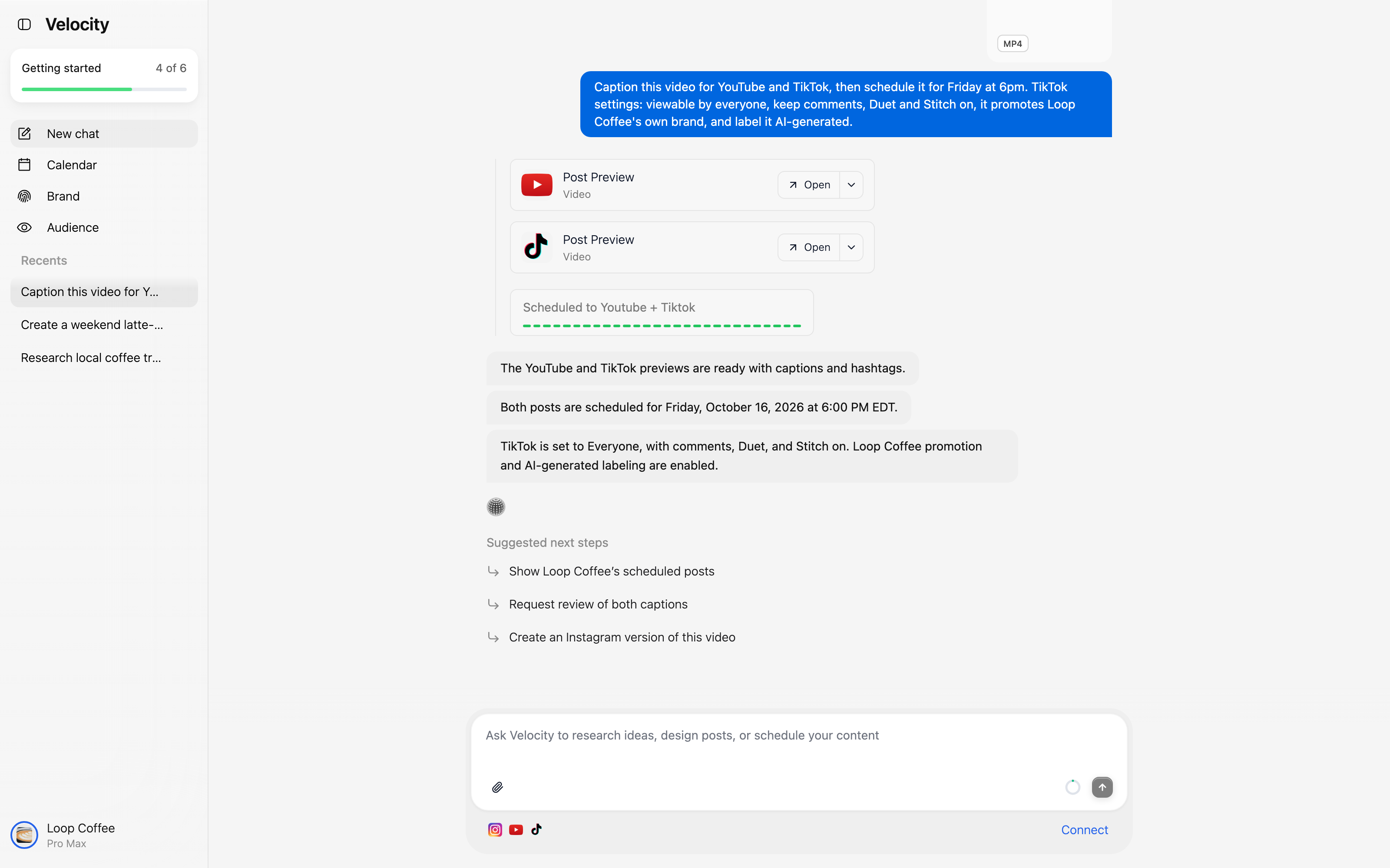 Velocity confirmation showing the YouTube and TikTok latte-art video posts scheduled for Friday, October 16, 2026 at 6:00 PM EDT.