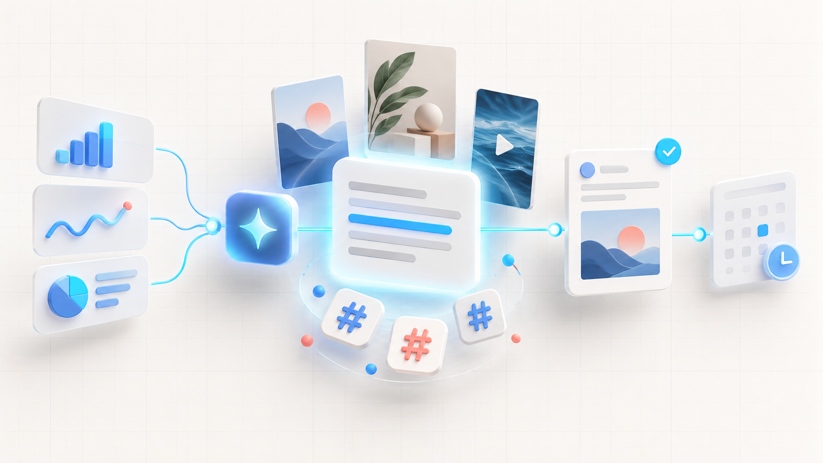 Editorial illustration of a short-form social caption card, hashtags, creative assets, review tokens, and a publishing calendar