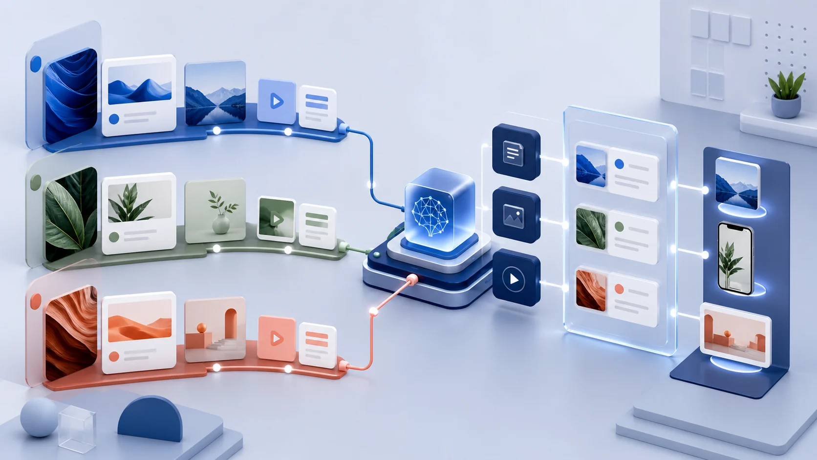 Distinct client content streams moving through one organized research-to-publishing workflow