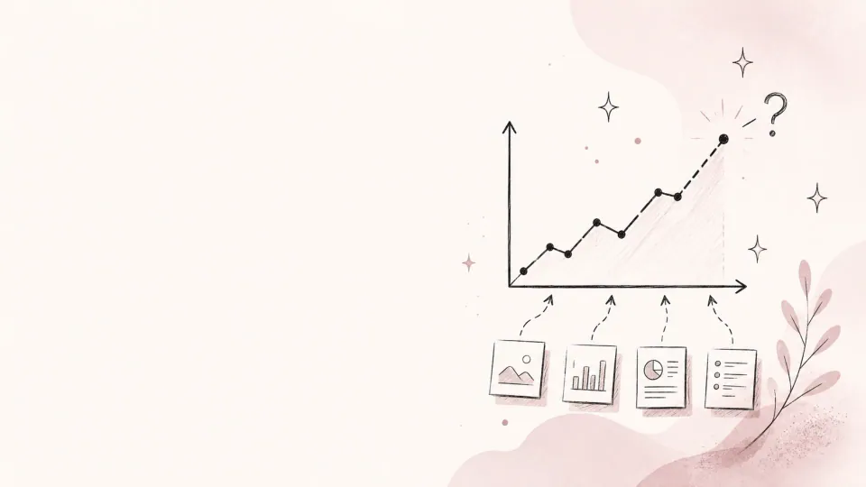 Hand-drawn illustration of a line chart climbing upward toward a sparkle and question mark accent, fed from below by four small content thumbnail cards (image, bar chart, pie chart, document list) with dashed arrows, on a soft cream backdrop with dusty-rose abstract shapes and plant accents, representing AI predicting which social media content will perform