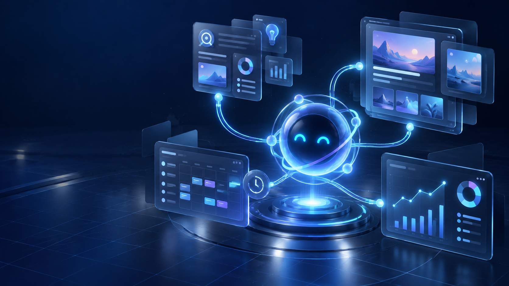Abstract AI social media workflow illustration connecting research, channel-ready content, a scheduling calendar, publishing, and analytics.