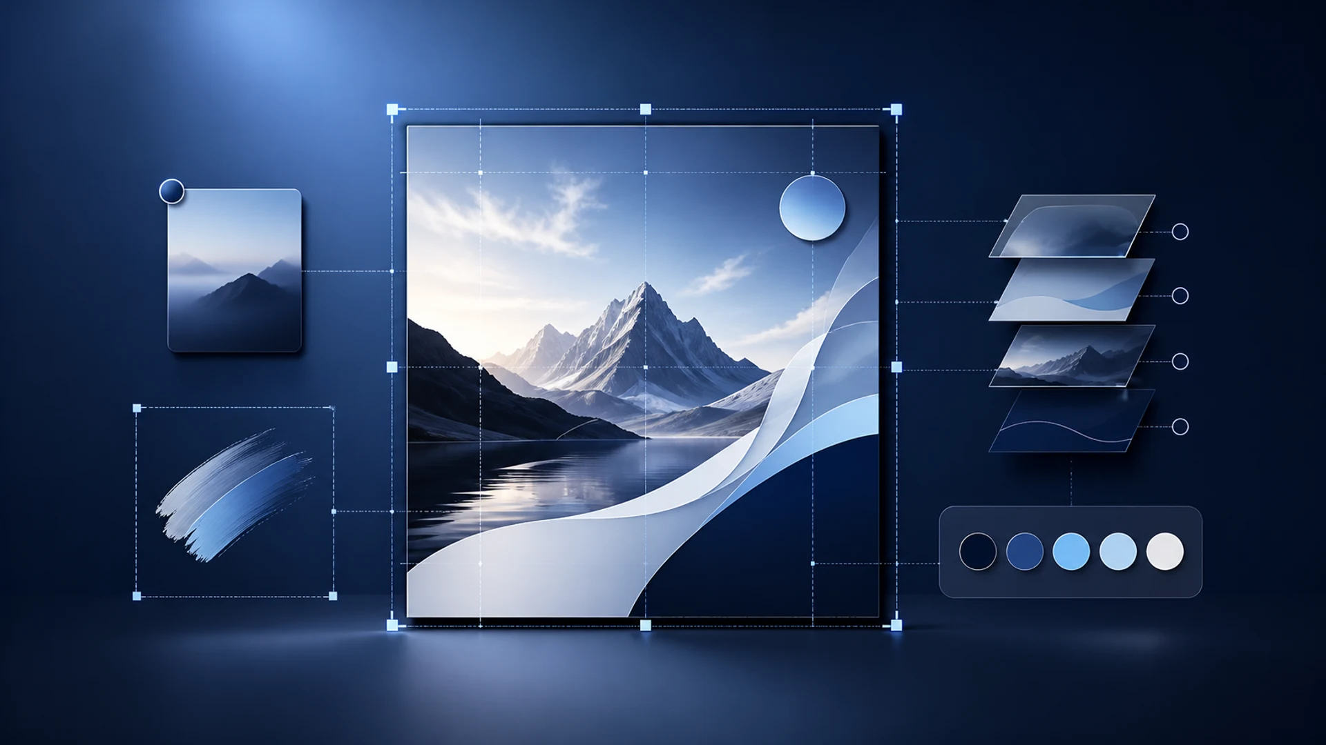 An abstract social post canvas being precisely refined with crop controls, creative layers, and a cool-blue color palette