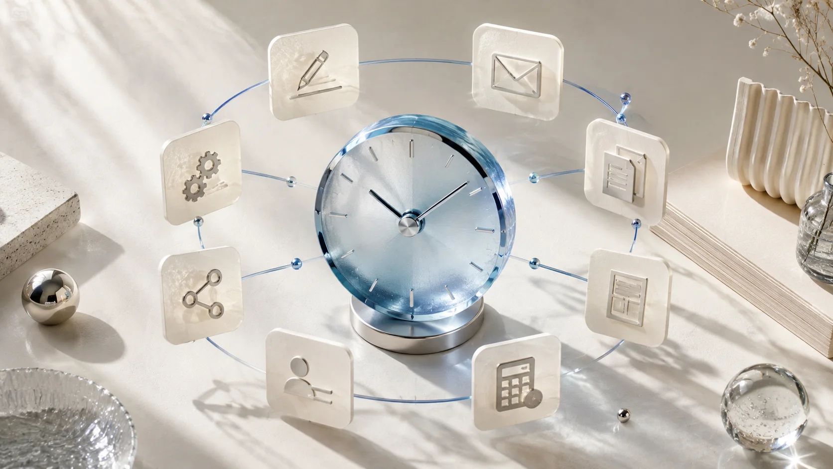 A blue glass clock surrounded by eight workflow cards representing the business tasks AI can help save time on