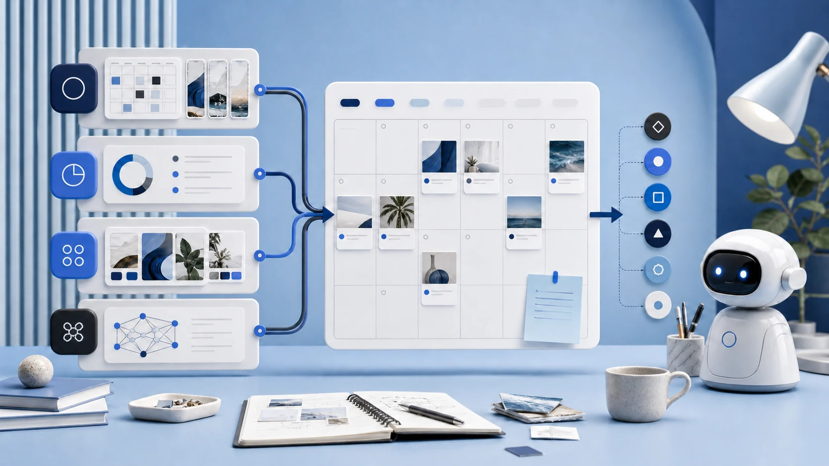 Abstract social media workflow panels converging into a coordinated publishing calendar beside an AI assistant