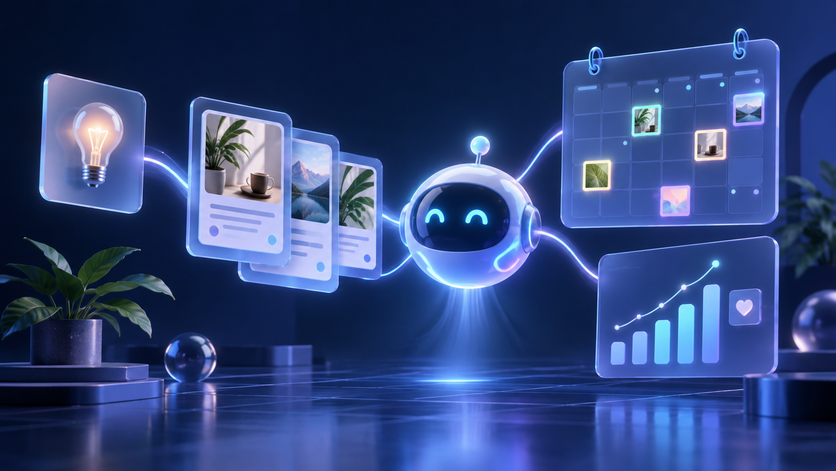 Editorial illustration of an AI assistant turning a content idea into social post drafts, a publishing calendar, and performance feedback.