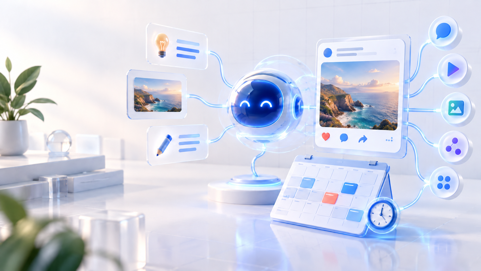 Editorial illustration showing an AI agent coordinating a social post, content ideas, and a publishing calendar for free social media scheduling.