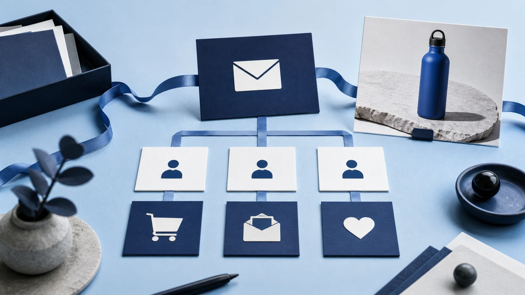 Email, customer journey, and social campaign cards connected across a pale blue marketing workspace