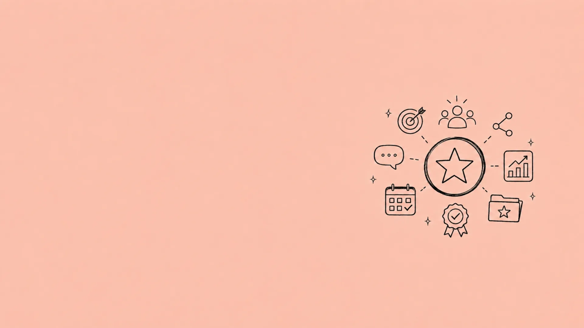 Hand-drawn illustration of a central star surrounded by satellite icons (target, audience, share, growth chart, folder, calendar, chat bubble, award ribbon) representing the qualities of on-brand AI content for social media teams