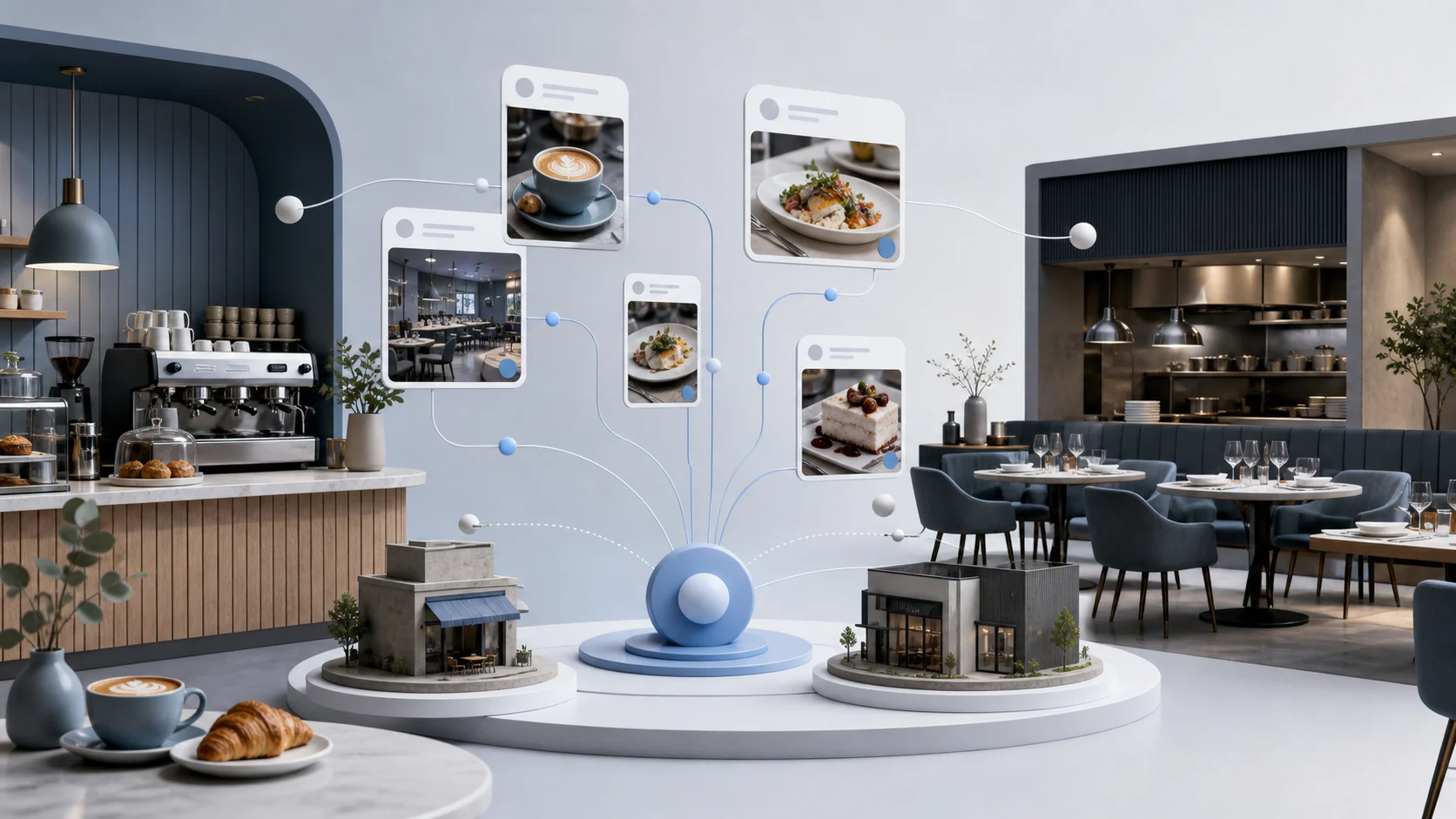 Connected cafe and restaurant locations with coordinated social content cards