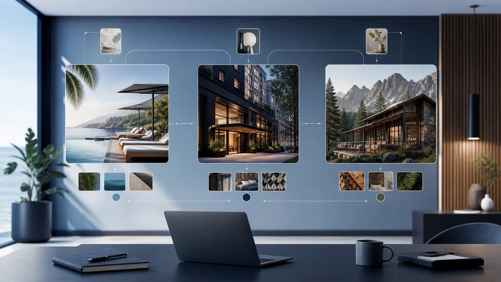 Central hotel marketing workspace connecting coordinated visual campaigns for a coastal resort, an urban boutique hotel, and a mountain lodge.