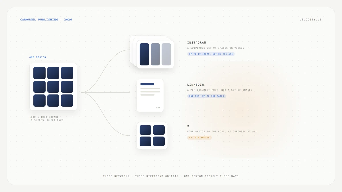 Publishing a carousel to Instagram, LinkedIn and X in 2026: one square design of ten slides on the left splitting into three different objects, a swipeable stack of image frames for Instagram capped at ten items by its API, a single PDF document post for LinkedIn of up to 300 pages, and a grid of four photos for X, which has no organic carousel format at all