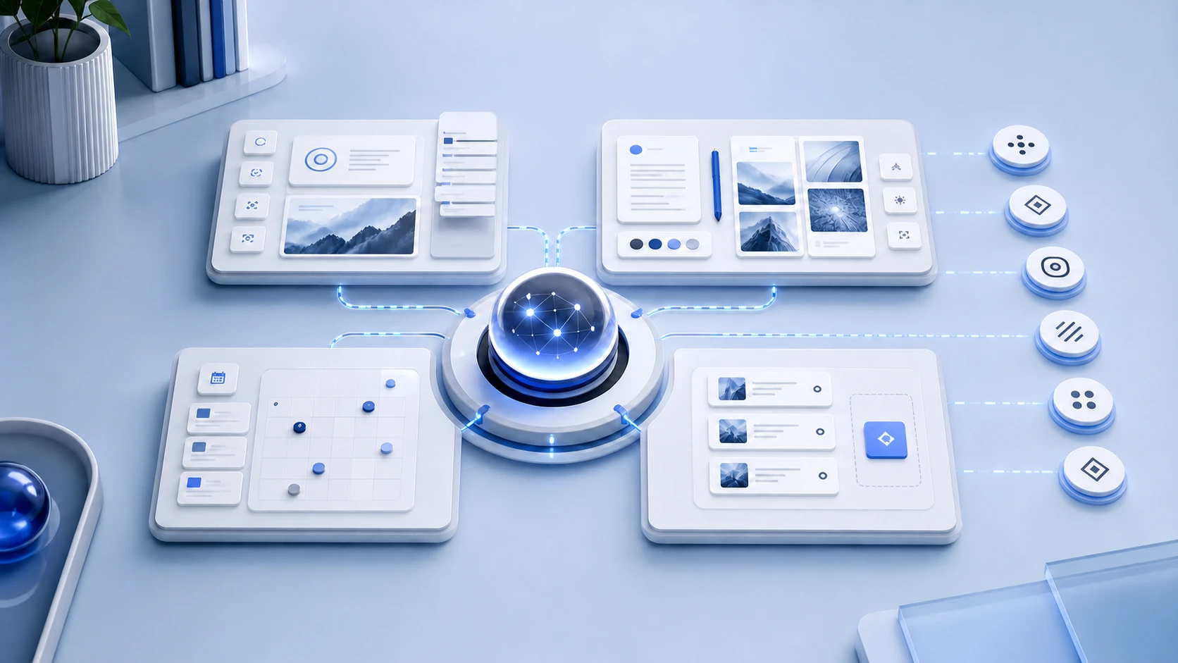 A central AI orchestration hub connecting research, brand voice, creative, scheduling, and platform-neutral publishing workflows