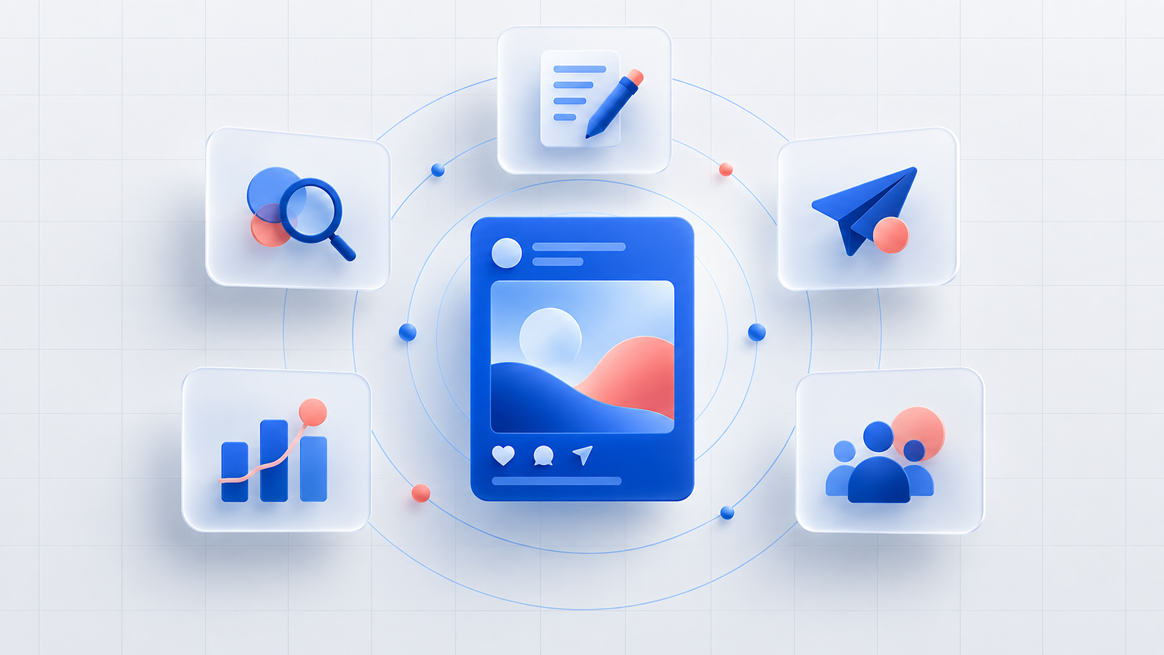 Editorial illustration of a social campaign card surrounded by research, content creation, publishing, analytics, and audience-attention signals