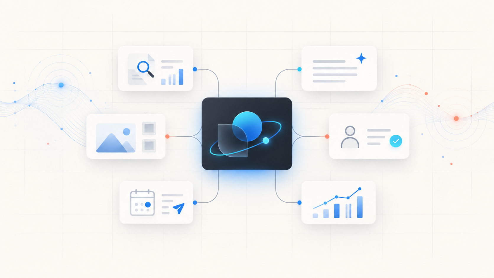 Editorial illustration of a brand identity connecting research, content preparation, review, publishing, analytics, and social-listening signals