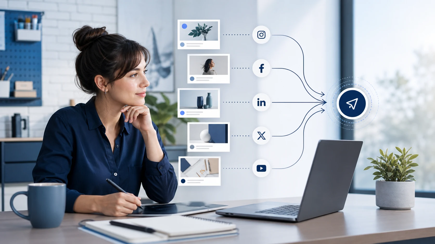 Small-business owner organizing several social content cards into one coordinated publishing workflow