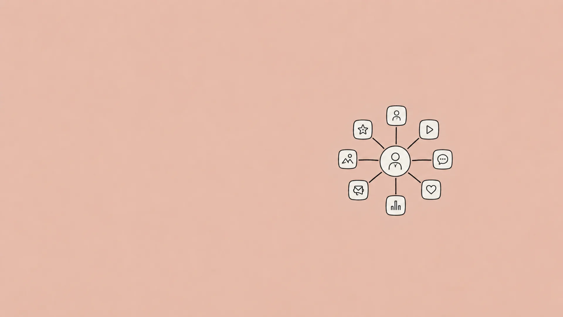 Hand-drawn illustration of a central agency operator connected to eight satellite client workspaces in a hub-and-spoke pattern — the visual mark of multi-account agency social media management