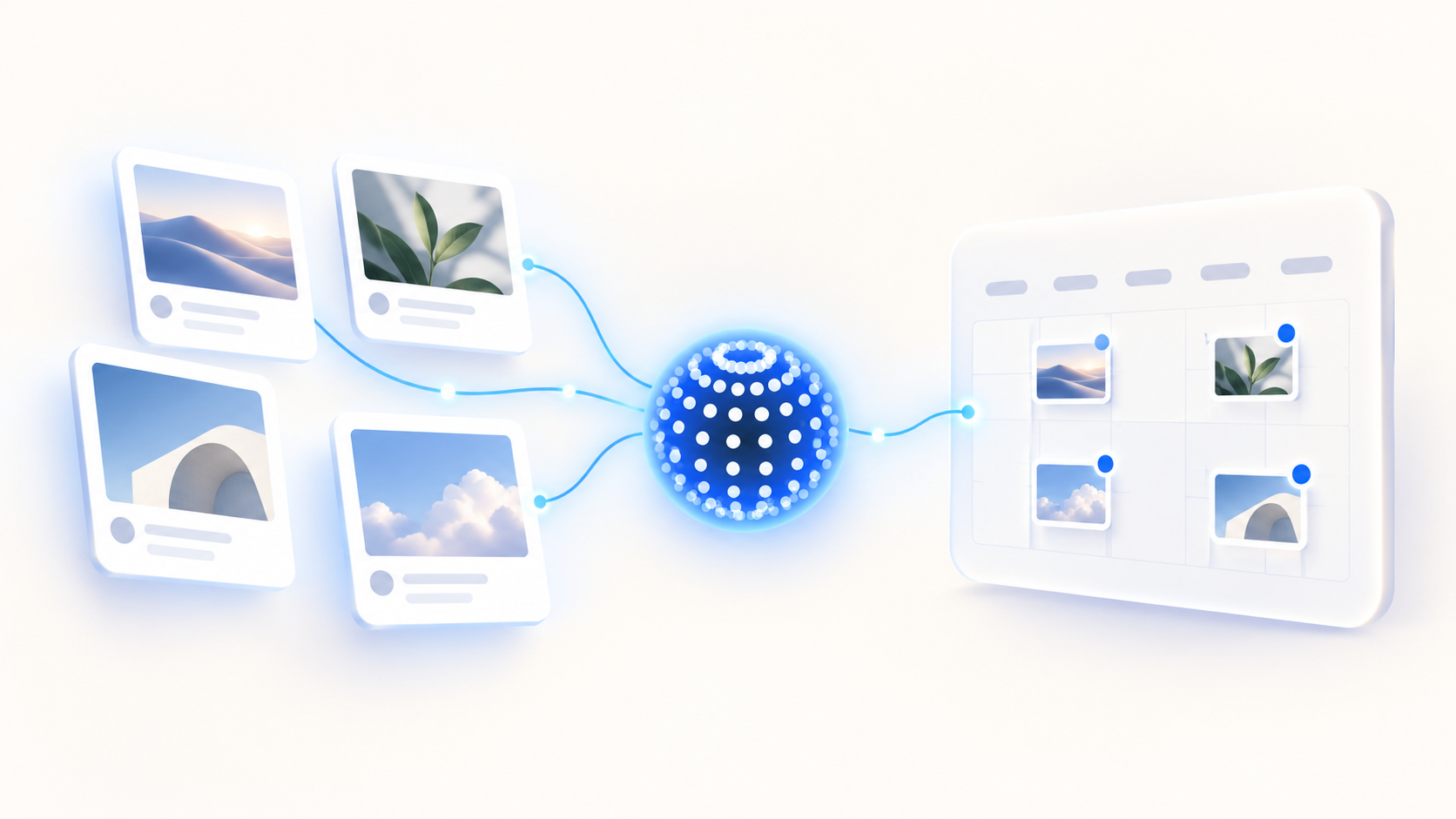 Velocity's blue orb connects social post cards to a beginner-friendly publishing calendar