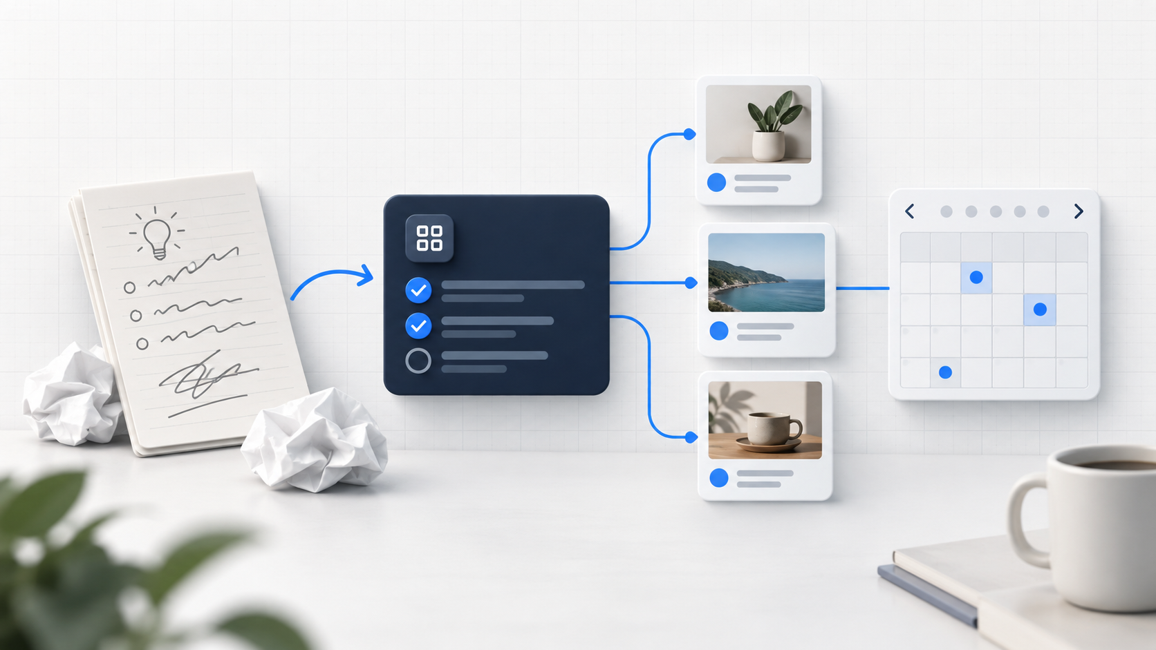 Editorial illustration of a first-time small business social workflow moving from a campaign idea through brand-aware post preparation into a publishing calendar