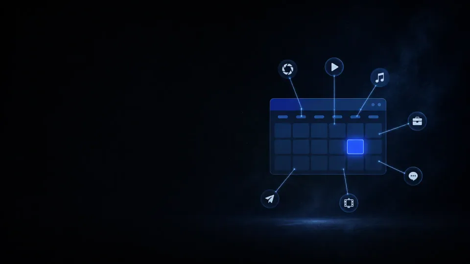 Illustration of a unified scheduling calendar fed by seven social network icons — the visual mark of a multi-platform free social media scheduler
