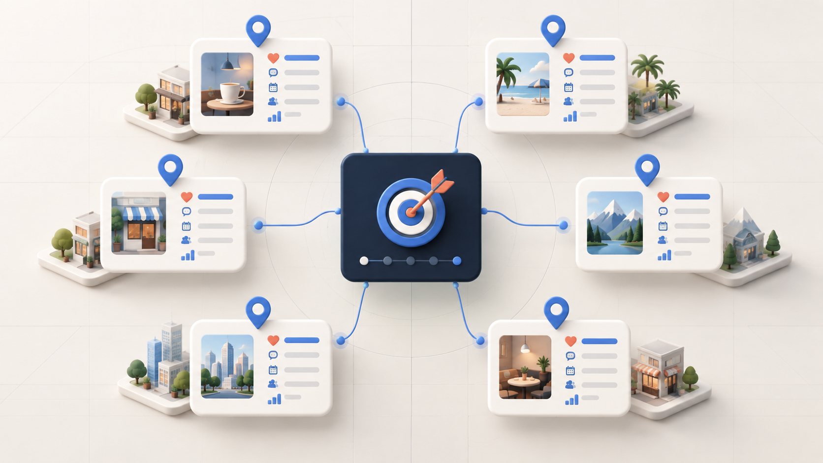 Editorial illustration of a central multi-location social campaign coordinating local posts, review, publishing, and analytics