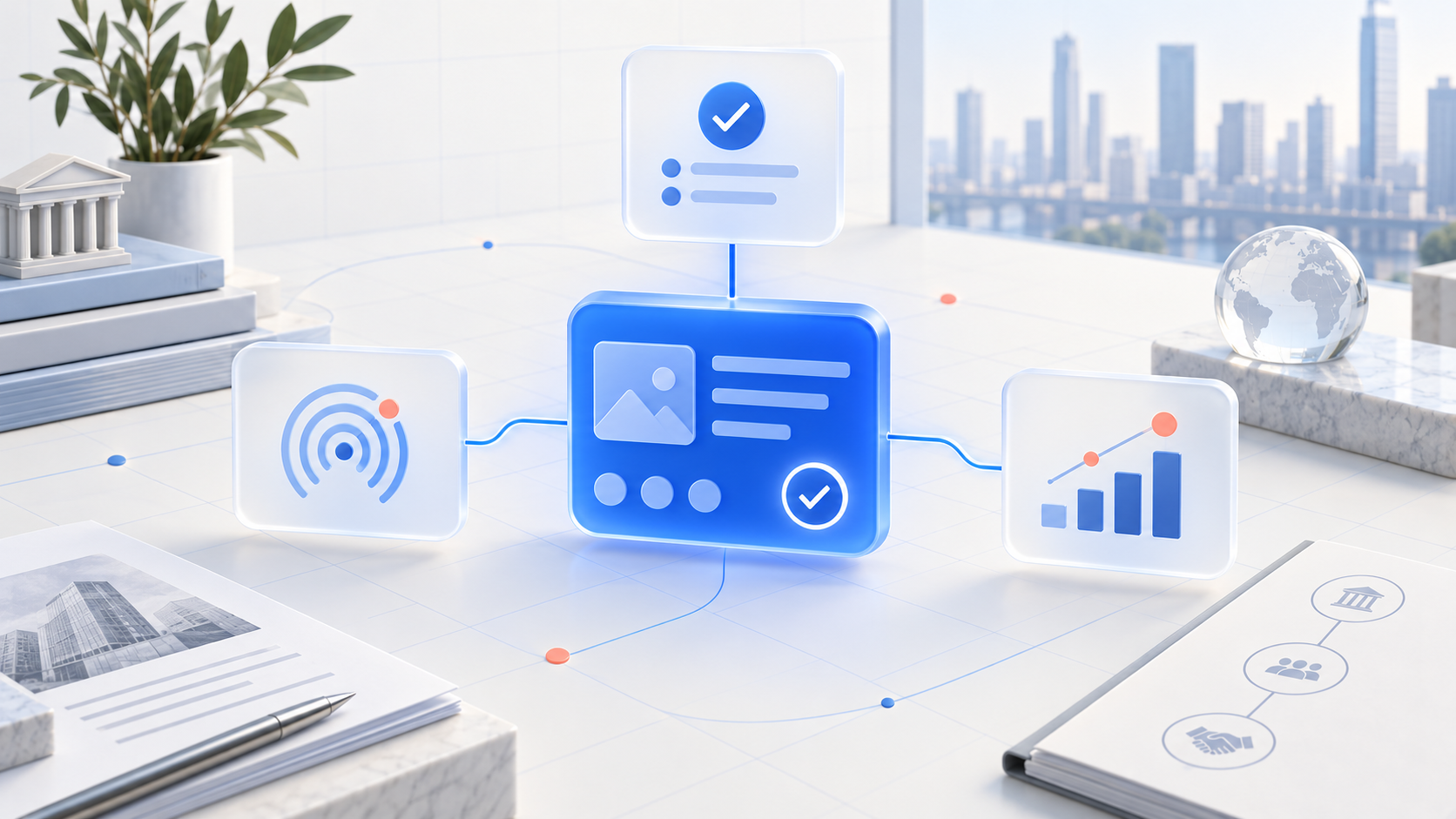 Editorial illustration of a professional-services social workflow connecting review, social listening, and analytics around a central prepared post