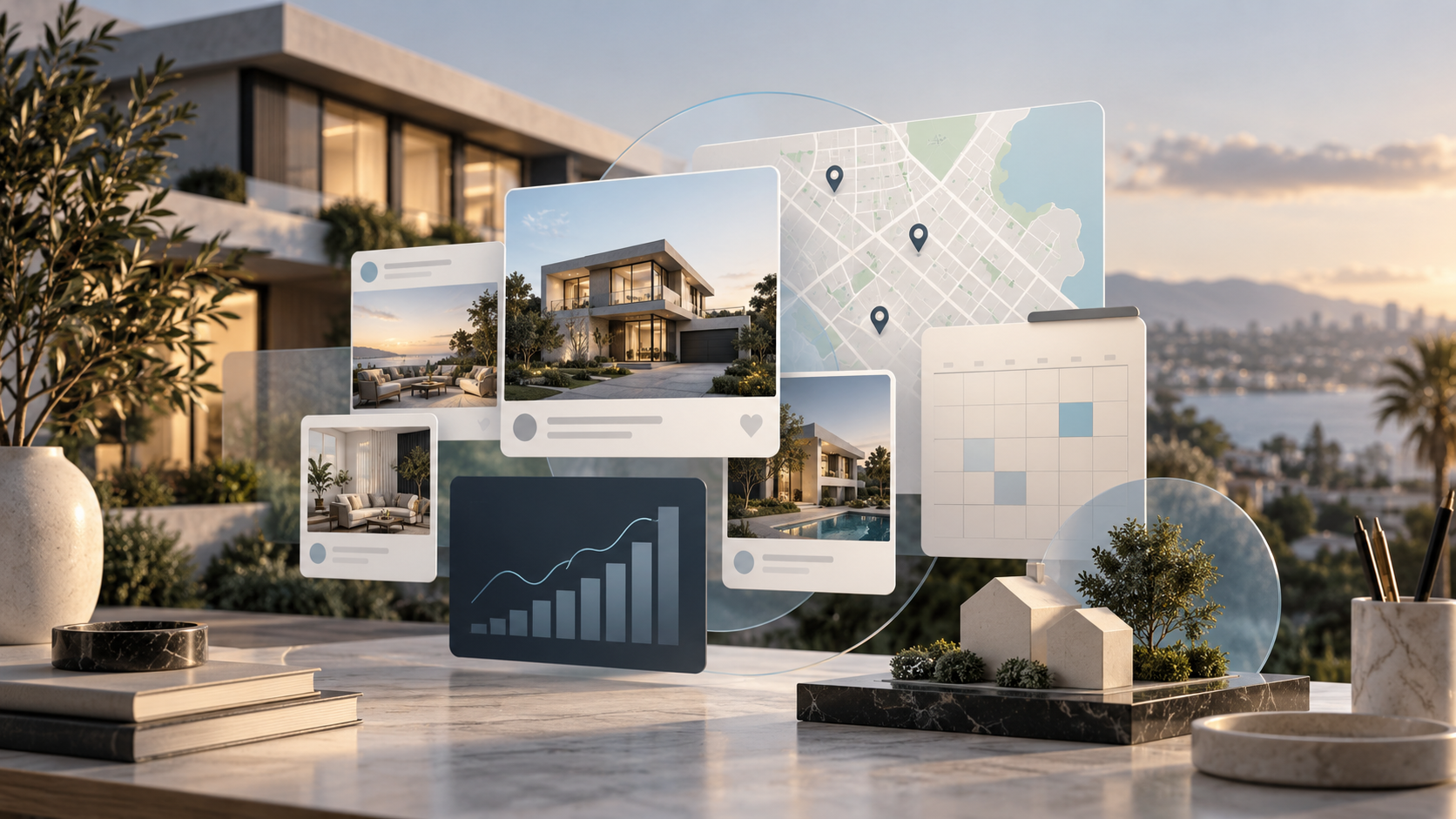 Editorial illustration of a real-estate marketing workspace with property content, a neighborhood map, a publishing calendar, and performance analysis