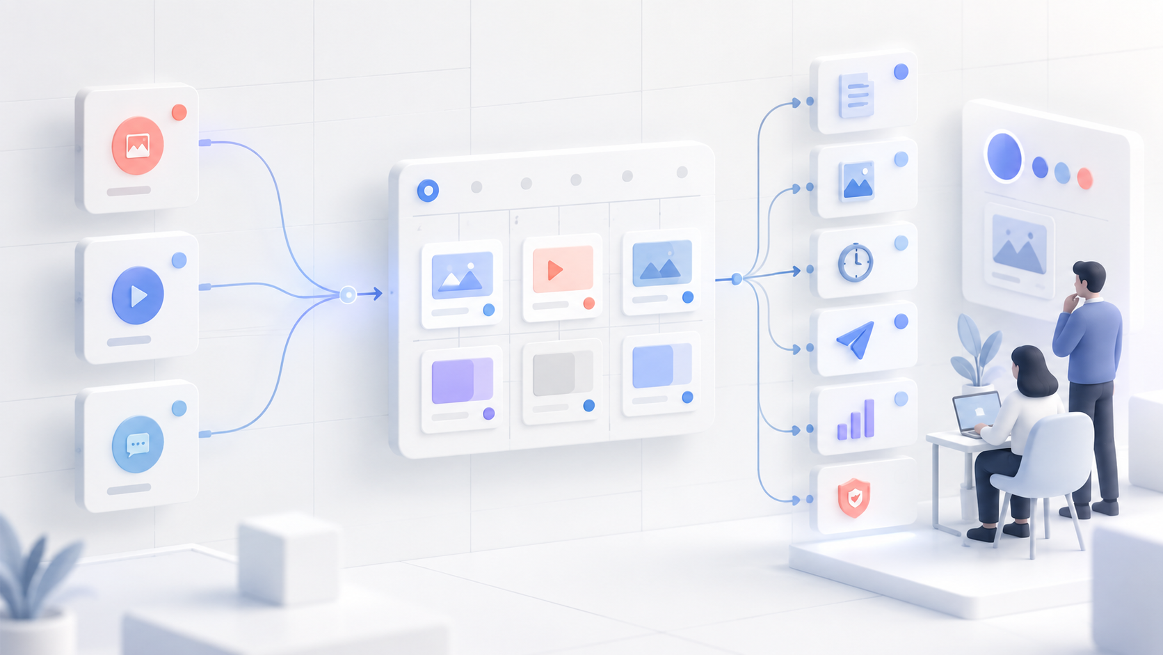 Diagram showing a small marketing team moving from separate native social apps to a shared management workflow with planning, creation, scheduling, publishing, analysis, and brand governance in 2026