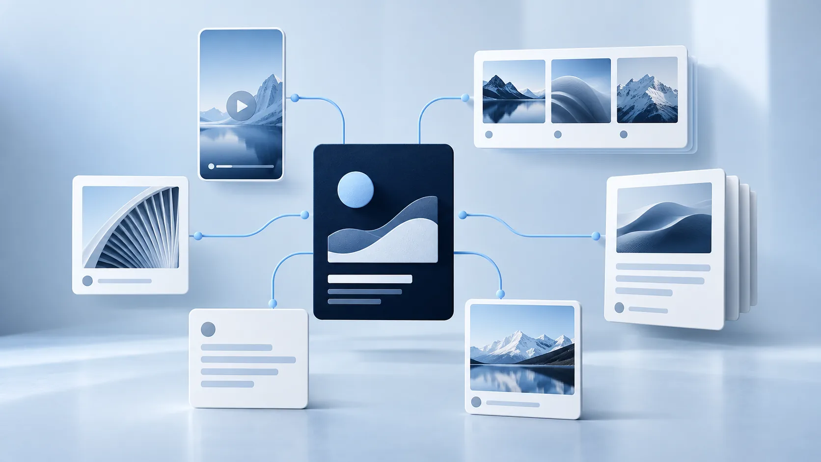 Abstract social publishing cards branching from one campaign into distinct post formats