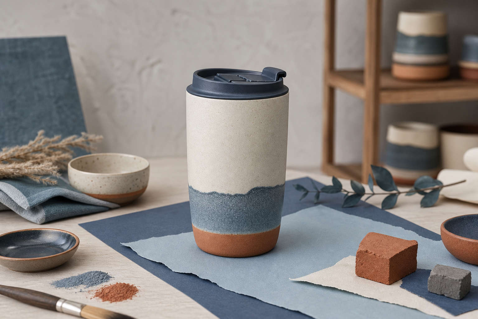 Cream, slate-blue, and terracotta ceramic travel mug staged with craft materials in a small pottery workshop