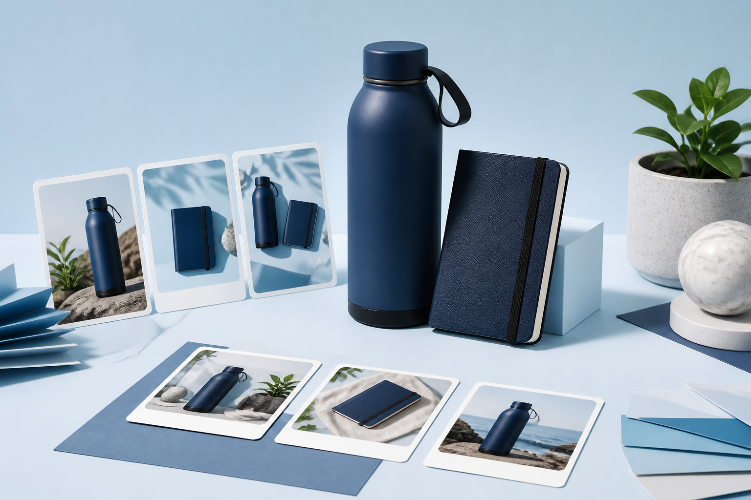 A coordinated water bottle and notebook campaign set prepared for consistent social publishing