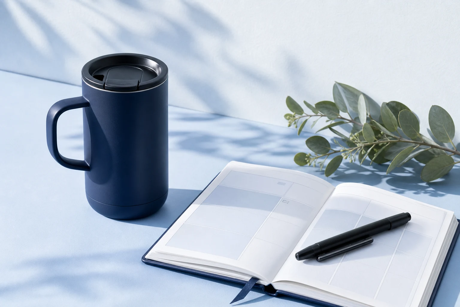 Navy travel mug beside an open weekly planner in a pale blue campaign scene