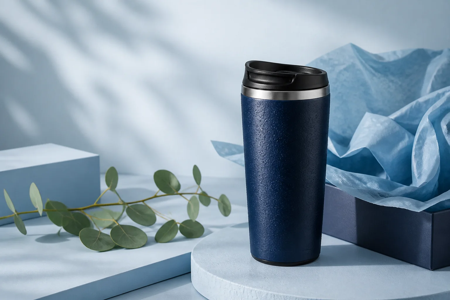 A navy travel tumbler staged with pale blue packaging and eucalyptus for an ecommerce restock campaign