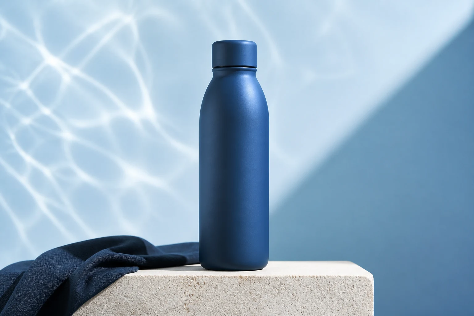 A cobalt reusable bottle on a pale stone plinth with navy fabric and soft water reflections