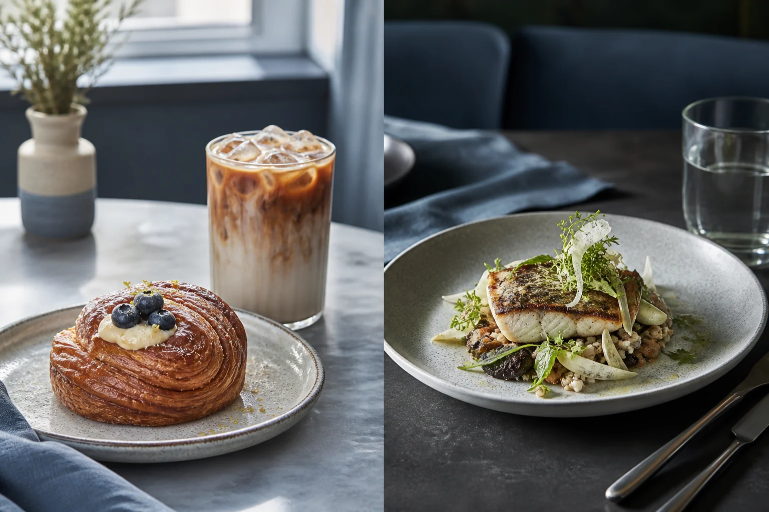 Coordinated cafe and restaurant campaign creative featuring iced coffee, pastry, and a plated entree