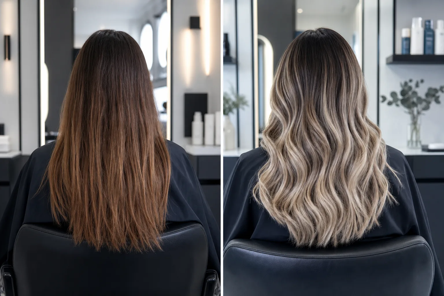 Before-and-after balayage transformation photographed from behind in a modern salon