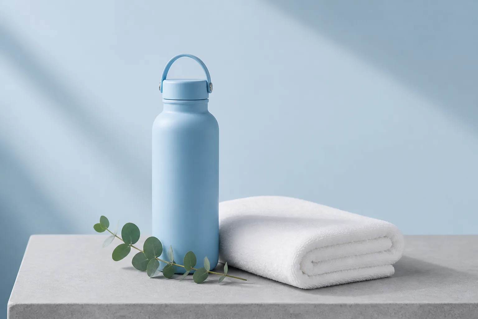A pale blue reusable bottle and folded white towel arranged for a weekly reset campaign