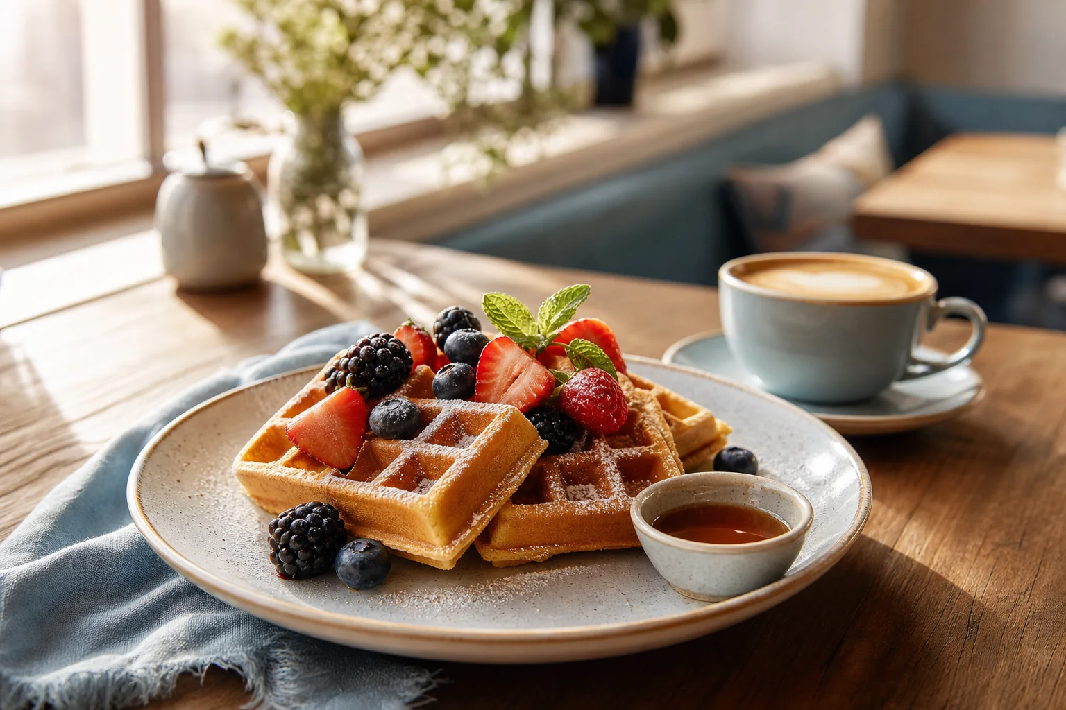 Golden waffles topped with berries beside syrup and coffee on a sunlit restaurant table