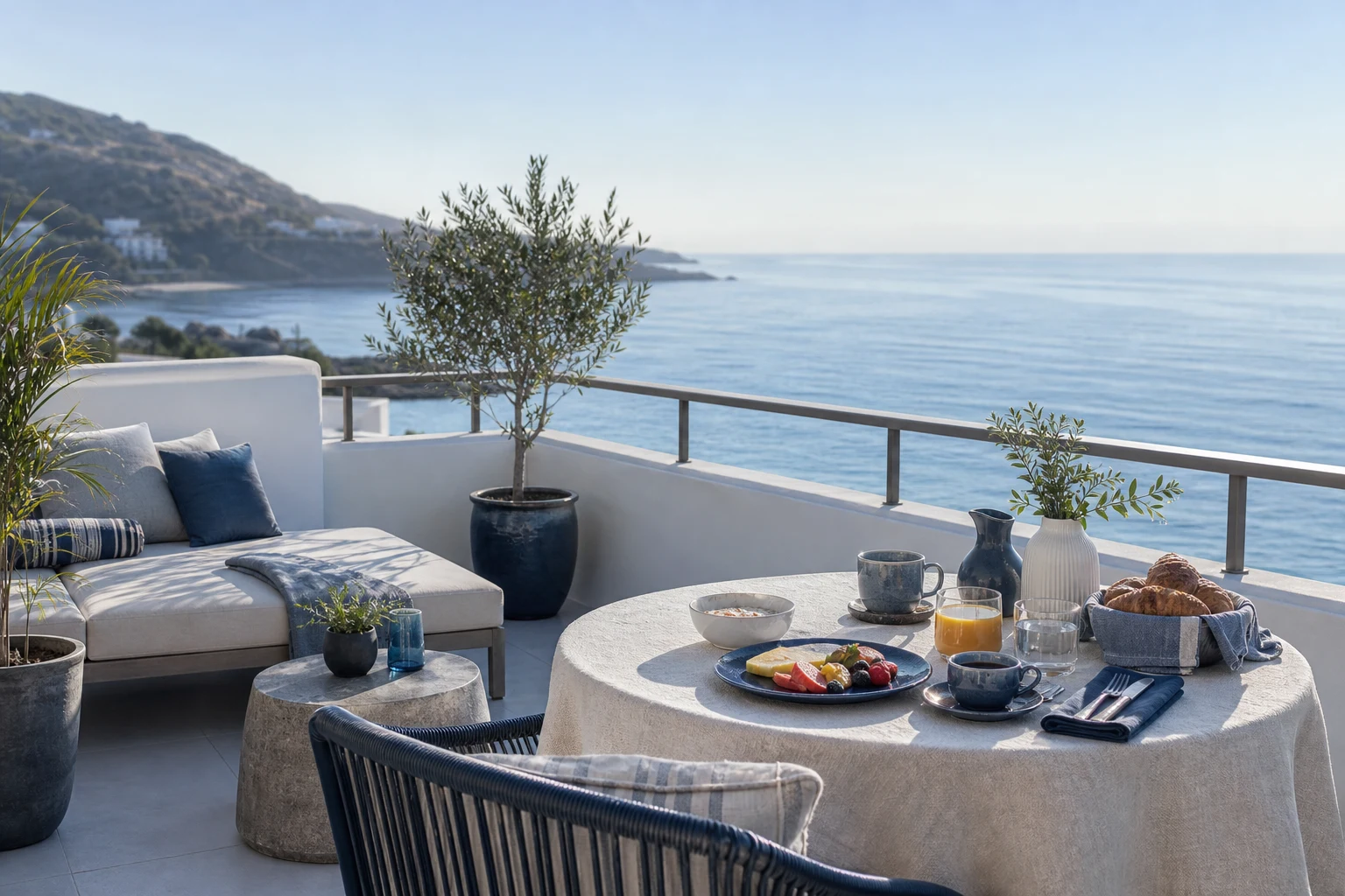 Coastal boutique hotel terrace with an ocean view and a breakfast table set in soft morning light.