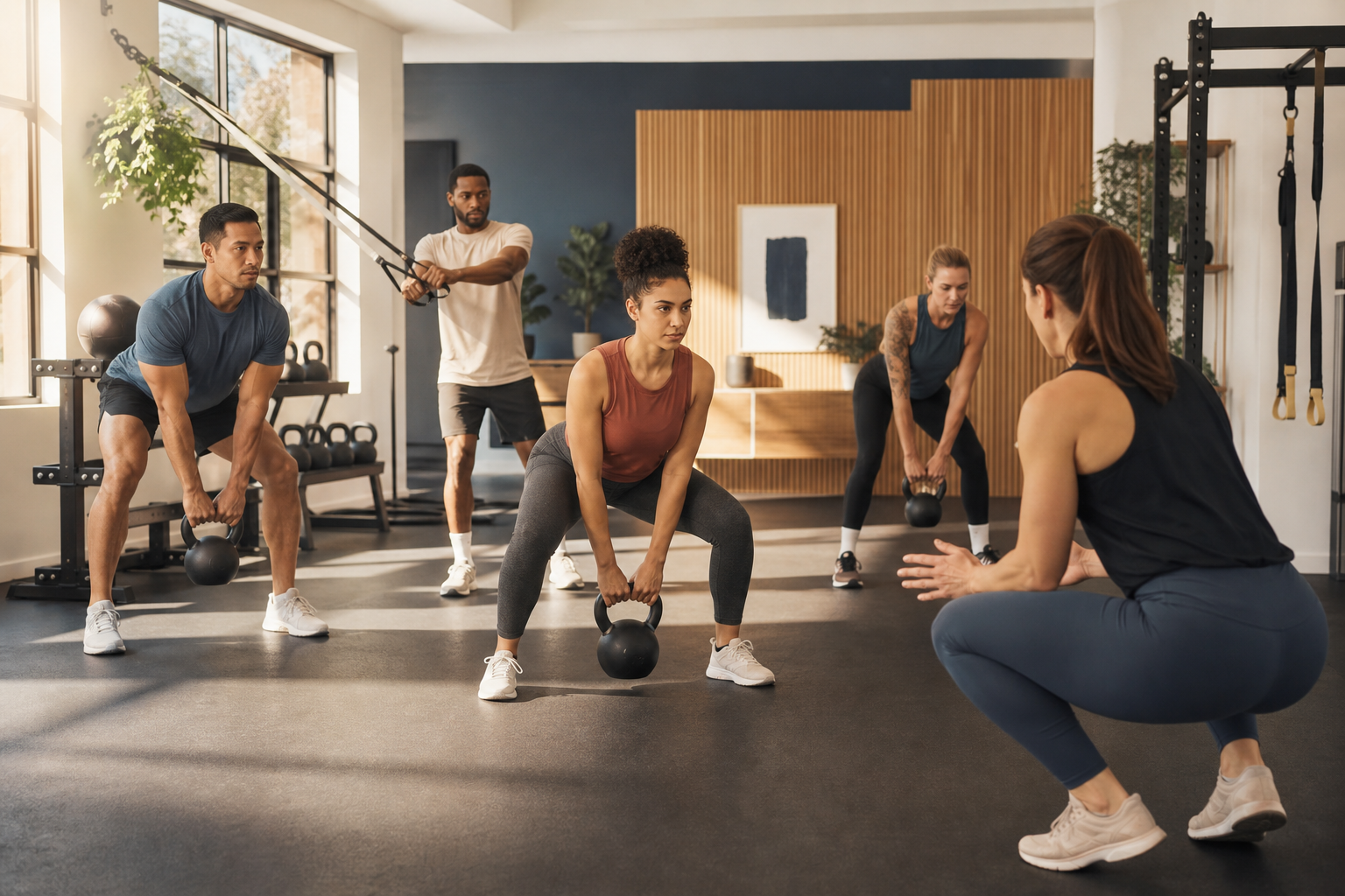 Trainer guiding four adults through a kettlebell workout in a warm, modern boutique fitness studio