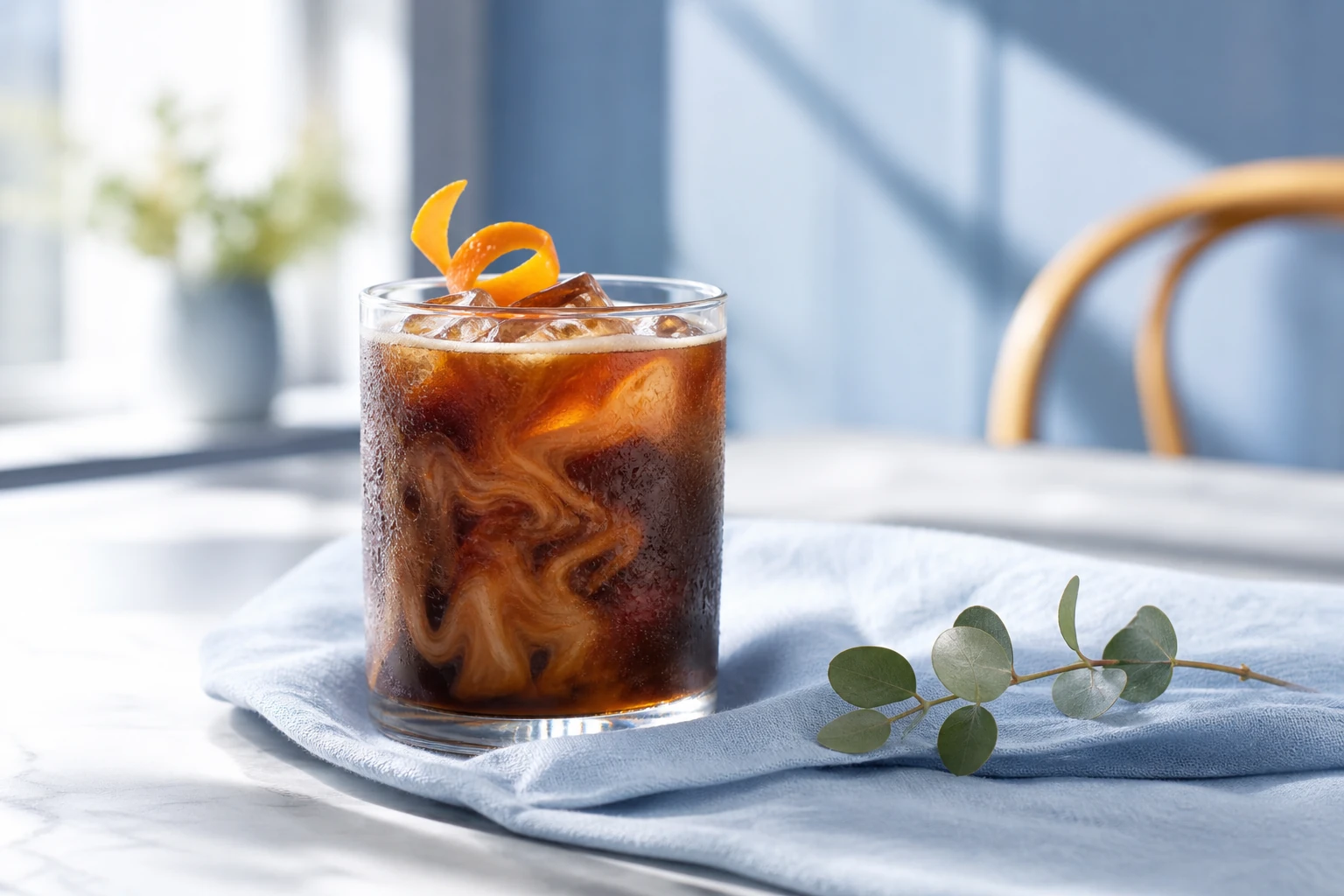 A citrus cold-brew campaign creative on a pale-blue cafe table in morning light
