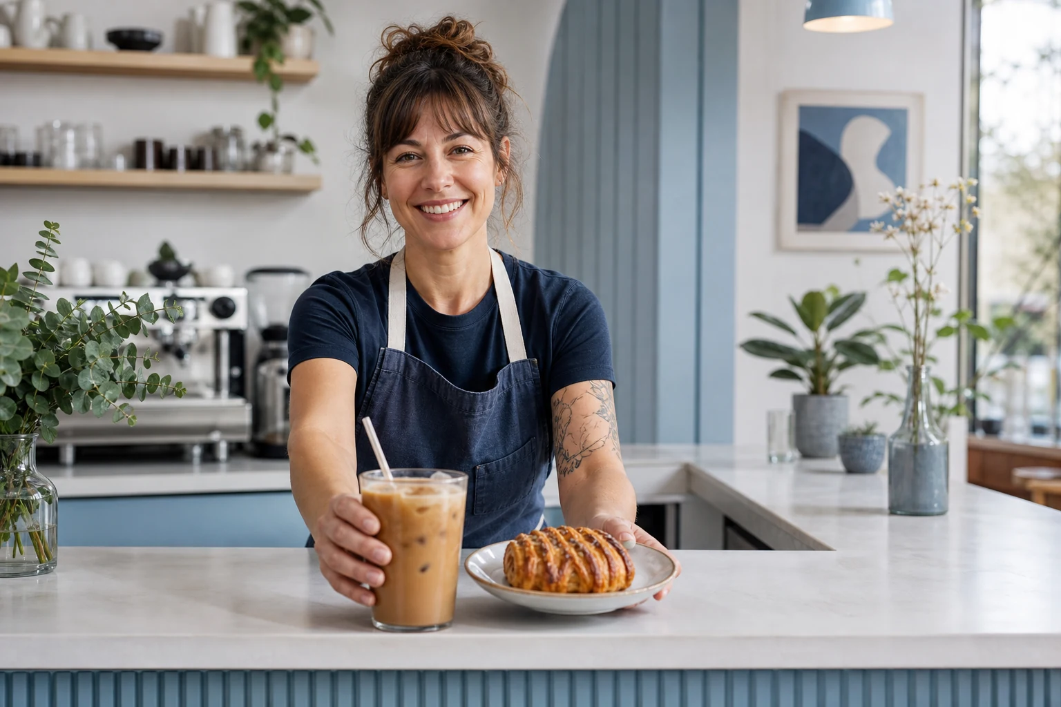 Independent cafe owner presenting an iced coffee and pastry at a bright blue-accented counter